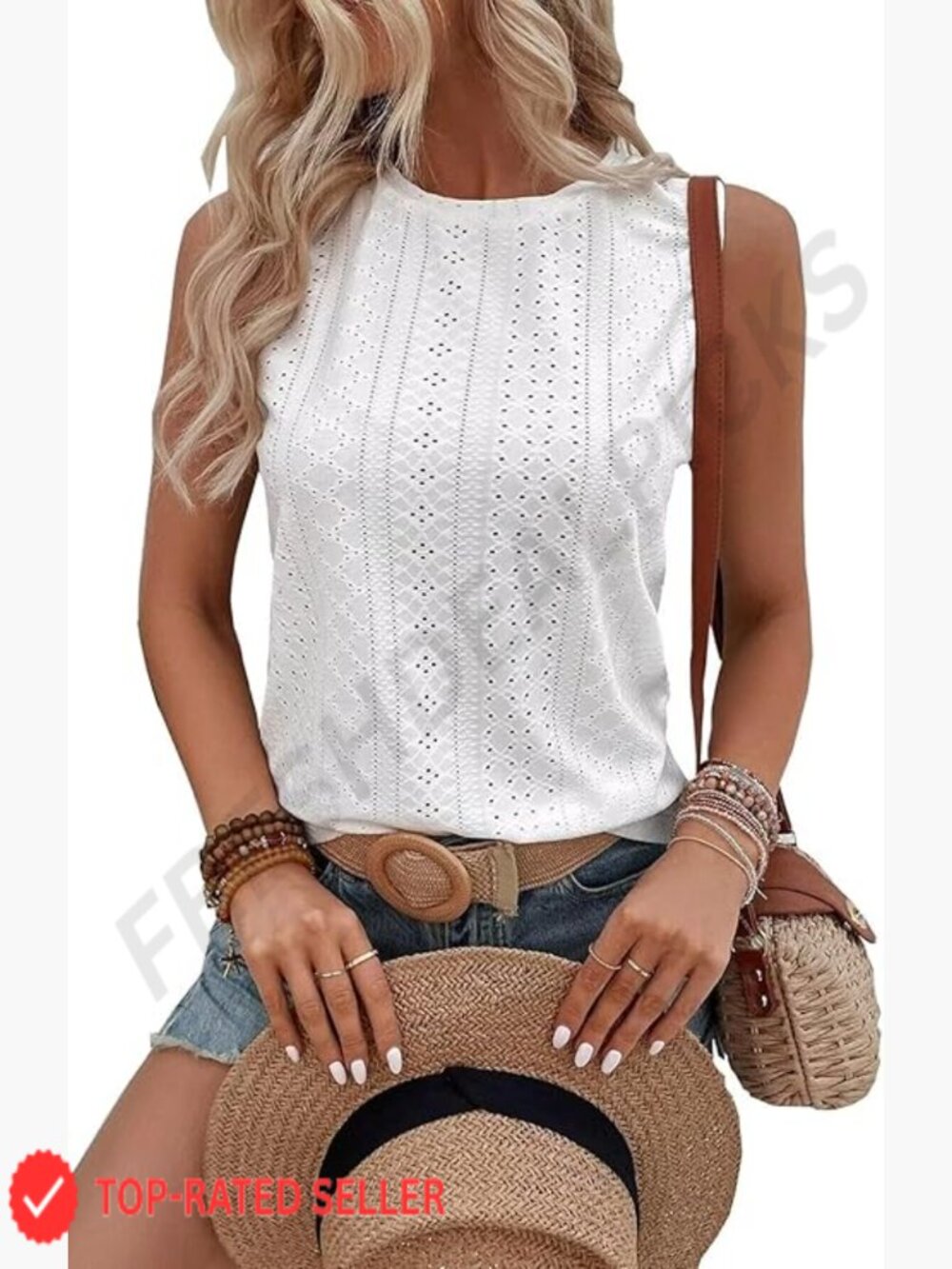 Sleeveless Eyelet Knit Tank Top - White